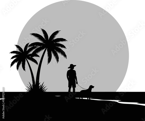 A Young man with his pet dog in silhouette vector.
