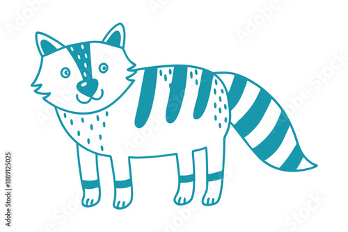 Teal outlined cartoon raccoon with stripes and spots confidently stands on a white background