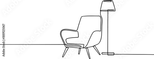 Minimal one line drawing of a modern armchair with floor lamp interior scene. Continuous line art furniture illustration with clean, elegant style. Ideal for home  graphics, wall art, interior 