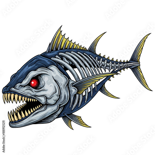 tuna fish skeleton with red glowing eye and sharp teeth on white background