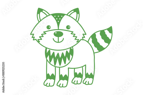 Cute green raccoon stands with striped tail and smiling face against white background
