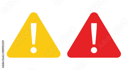 Two triangular warning signs one yellow and one red both displaying a central exclamation mark symbol