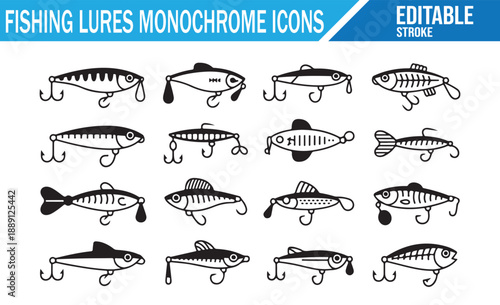 Editable line art fishing lure graphics pack.