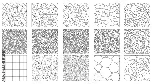 Vector illustration of fifteen square panels in a grid, each with unique circular or dot‑based textures, ranging from dense packed patterns to spaced organic grids, ideal for design, material studies,