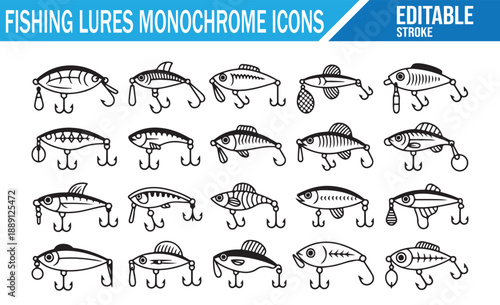 Black and white line art fishing bait symbols.