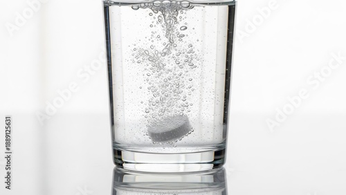 Effervescent tablet dissolving in clear glass of water creating sparkling bubbles and cloudy