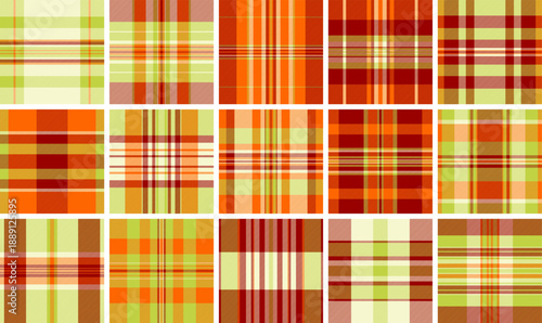 Vibrant lime green and orange plaid pattern background. This seamless tartan fabric texture is perfect for summery textiles, modern apparel design, and fresh digital creative projects.