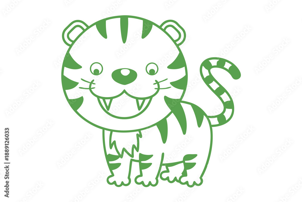 Naklejka premium Cartoon tiger displaying two sharp teeth stands proudly, outlined in monochrome green hue