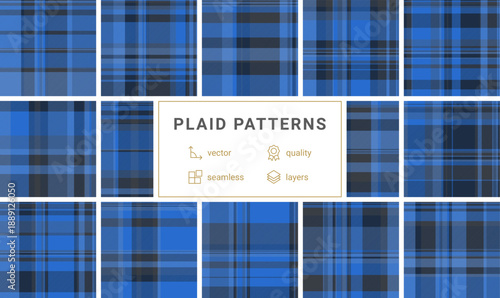 Sophisticated blue tartan plaid pattern featuring interlocking stripes. This timeless textile design is perfect for website backgrounds, fashion apparel, and professional branding.