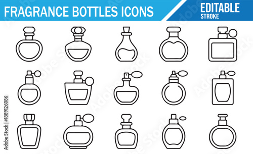 Vector set of glass perfume bottles. Line icon collection.