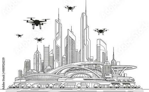 Futuristic smart city line art skyline with autonomous drones and advanced urban transportation infrastructure