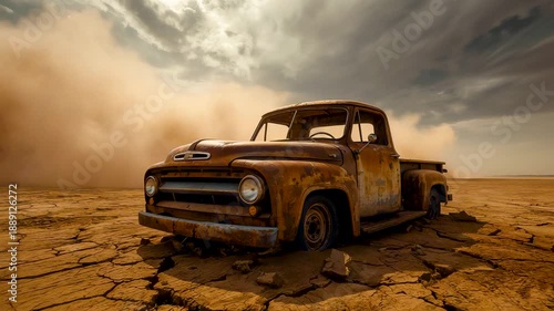 Wallpaper Mural Abandoned rusted pickup truck stranded on cracked desert ground with dust storm clouds, dry landscape, and dramatic survival atmosphere Torontodigital.ca
