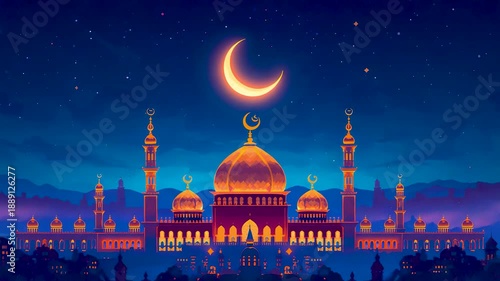 Wallpaper Mural Illuminated mosque under crescent moon at night with golden domes, ornate minarets, starry sky, and serene spiritual cityscape Torontodigital.ca