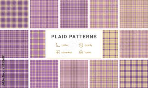 Elegant purple and yellow tartan pattern. This classic plaid design offers a cozy, traditional aesthetic for fashion, home decor, and digital backgrounds. Seamless and stylishly versatile.