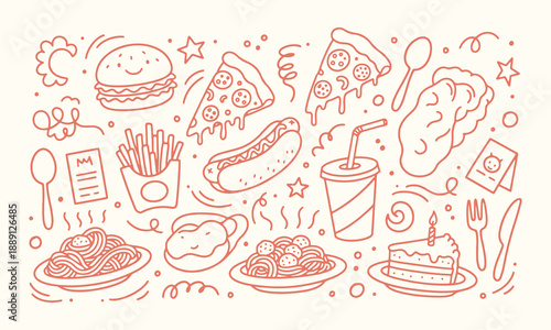 Hand drawn fast food doodle illustration with burger pizza fries pasta cake and drink in cute outline style