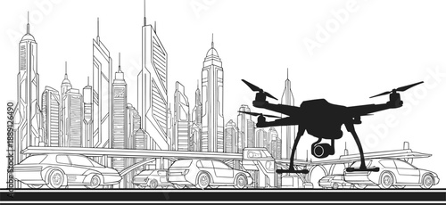 Futuristic smart city transportation concept with autonomous cars, delivery drones, and advanced urban mobility infrastructure illustration