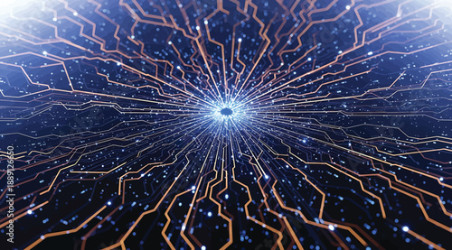 Vector illustration of glowing central point with radiating energy lines resembling black hole or wormhole, surrounded by starry particles, symbolizing astrophysics, data flow, neural networks, and fu