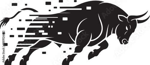 Charging bull silhouette with digital glitch pixel effect shilehute vector for financial market and strength-themed commercial branding