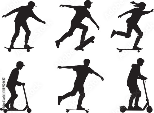 Skateboarders and scooter riders in motion silhouettes shilehute vector for youth culture and extreme sports commercial design assets