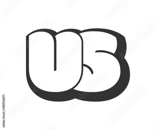 US logo, bubble comic lettering, rounded in graffiti style black and white silhouette. Trendy preschool U and S letter text for festival party, personal initials, children funky print and web.