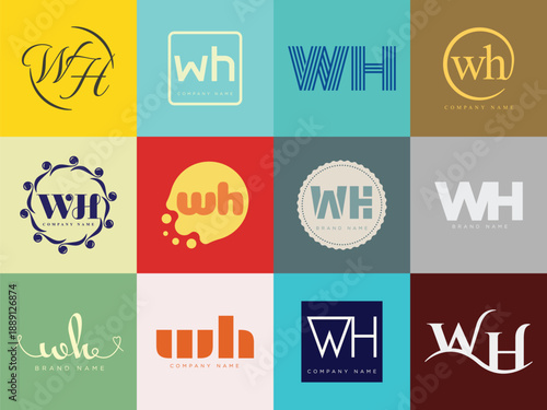 WH logo company template. Letter w and h logotype. Set different classic serif lettering and modern bold text with design elements. Initial font typography.