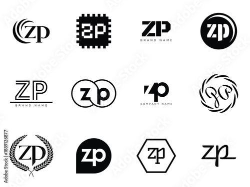 ZP logo company template. Letter z and p logotype. Set different classic serif lettering and modern bold text with design elements. Initial font typography.