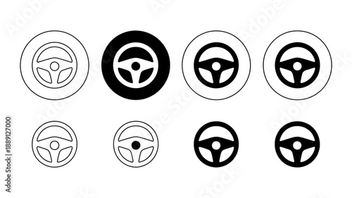 Set of steering wheel icons in different styles and sizes for automotive applications