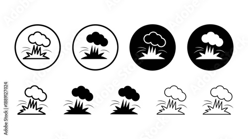 Collection of explosion icons depicting a blast or boom with smoke in various styles