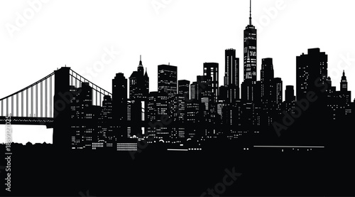 Urban city skyline silhouette with suspension bridge and modern skyscrapers illustrating metropolitan architecture, nightlife, and iconic downtown atmosphere