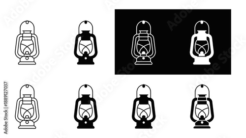 Classic kerosene lantern icon set: vintage oil lamp symbols in various styles