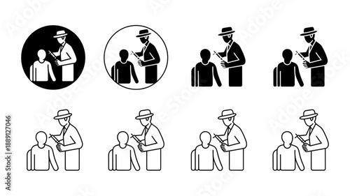 Professional inspection or interview between two individuals depicted in diverse icon styles