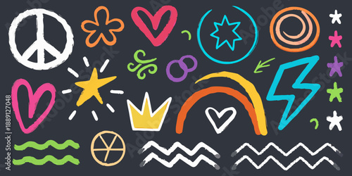 Colorful chalk doodles and symbols on a dark chalkboard background