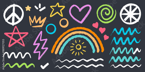 Colorful chalk doodles and symbols on a dark chalkboard background