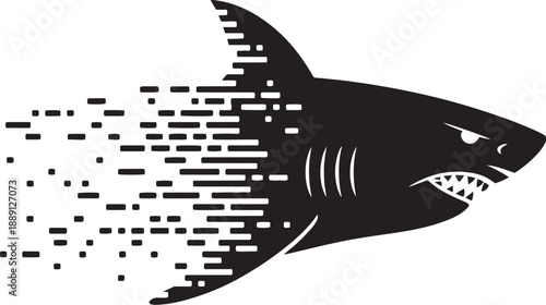 Shark silhouette with digital glitch and speed effect shilehute vector for aquatic sports and modern tech branding commercial projects