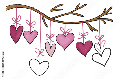 Delicate hearts in various pink hues suspended by ribbons from a decorative branch