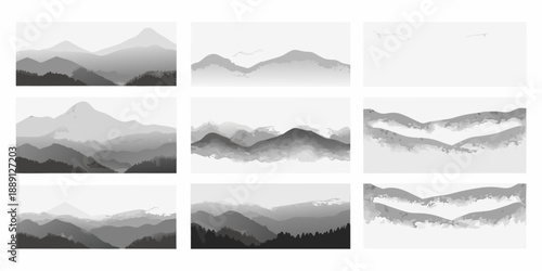 Nine grayscale studies depicting layered mountain ranges and atmospheric perspective