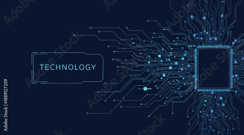 Vector illustration featuring bold text “TECHNOLOGY” beside glowing CPU with radiating blue circuit lines and nodes on dark background, symbolizing digital connectivity, computing power, electronics, 