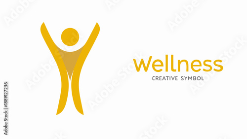 A golden silhouette of a person with raised arms and the word wellness