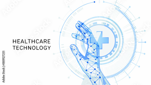 Digital healthcare technology concept with a robotic hand and medical cross