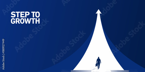 A lone figure walks toward a bright upward pointing arrow on a blue background