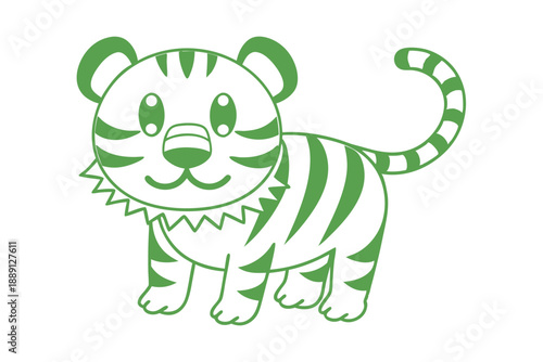Adorable green tiger character stands cheerfully with cute stripes and friendly facial expression