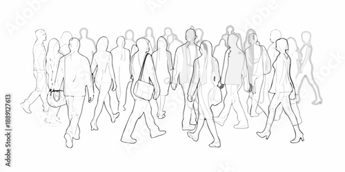 A large group of sketched figures walking and interacting in a public space