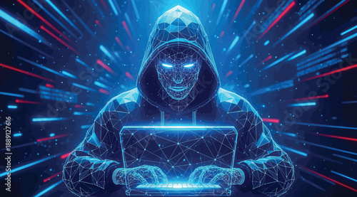 Vector illustration of hooded figure with glowing blue lines, laptop emitting digital patterns, and dynamic red‑blue light streaks, symbolizing cybersecurity, hacking, anonymity, digital threats, and 