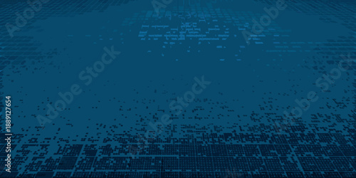 Abstract blue background with a digital glitch effect and grid pattern