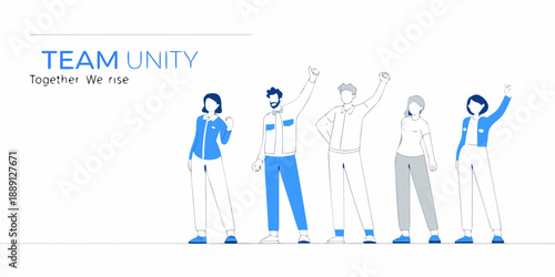 Team unity illustration depicting diverse people raising hands together