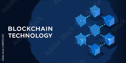 Blockchain technology concept with interconnected blue hexagonal blocks and text