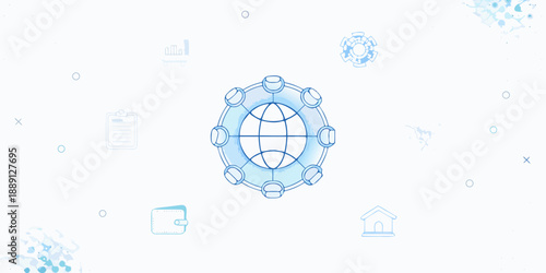 Abstract blockchain network illustration with a globe and digital icons