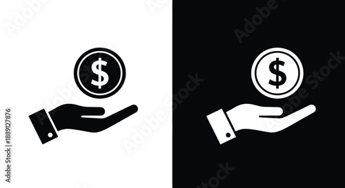 A hand offering a dollar coin depicted in contrasting black and white symbolizes finance and monetary exchange