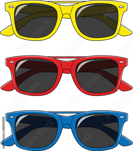 Set of colorful sunglasses in yellow, red and blue frames isolated on white background, summer fashion accessory vector illustration