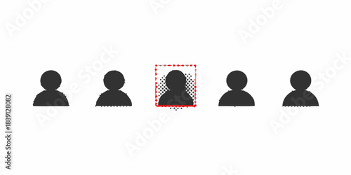 Five silhouette figures with one highlighted by a red dotted square